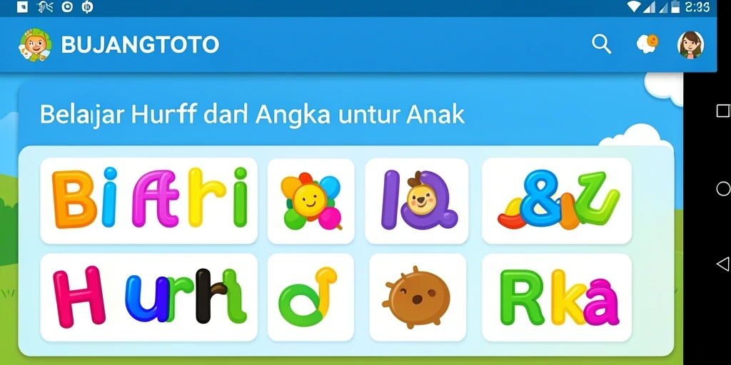 Antarmuka interaktif BUJANGTOTO yang memudahkan belajar huruf dan angka.