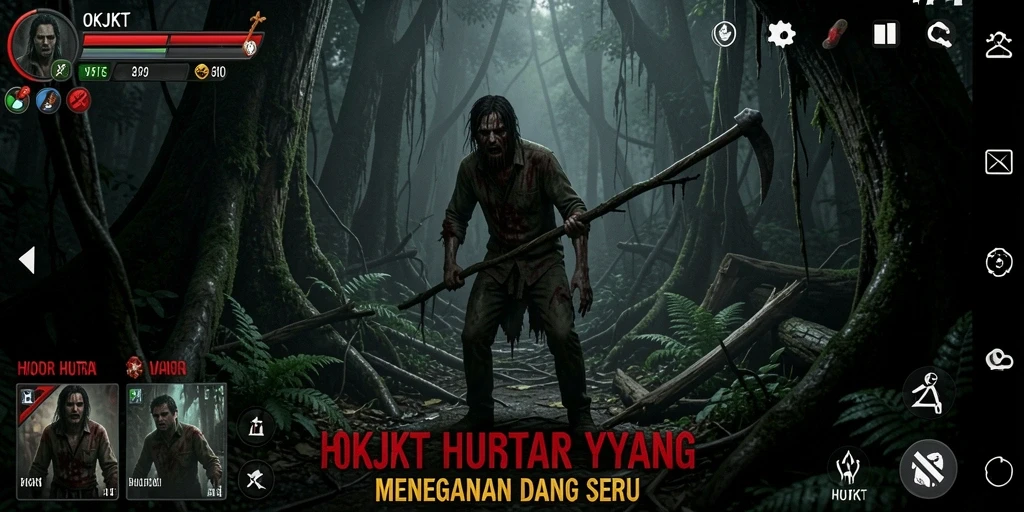 Tampilan utama OKJKT dengan suasana hutan horor yang gelap.